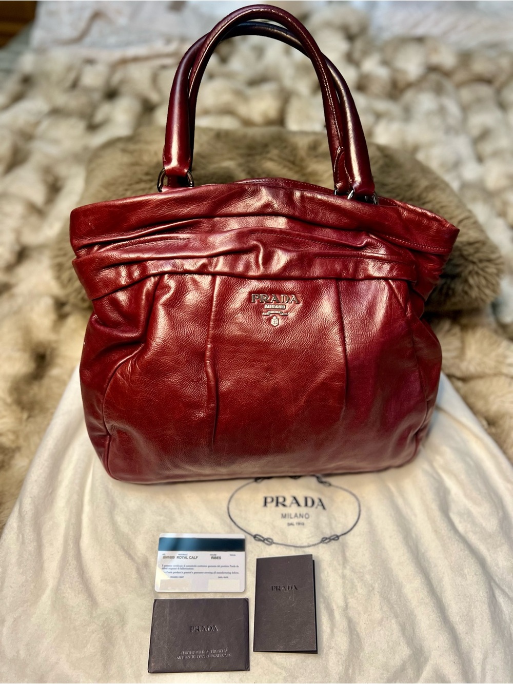 AUTHENTICATED PRADA Nappa Frills Shopping Tote in Bordeaux Red (MSRP $1,695)